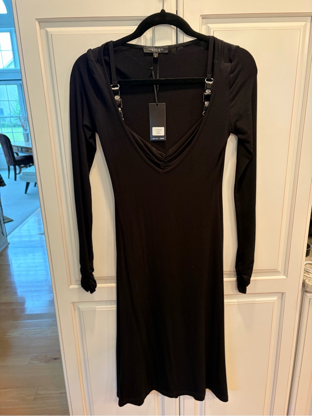 Vertigo Paris Black Long-Sleeve V-Neck Dress with Strap Details